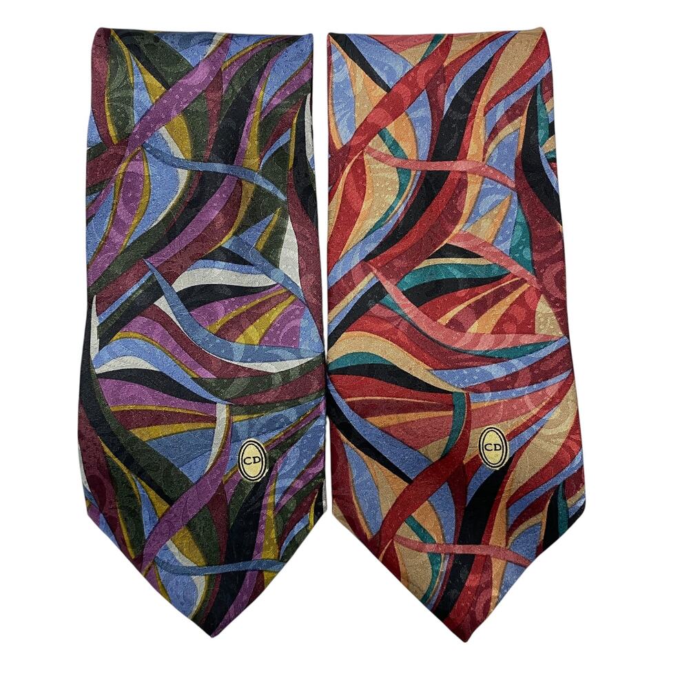 Vintage Christian Dior Printed Polyester Neck Tie Lot Of 2 - Picture 1 of 8